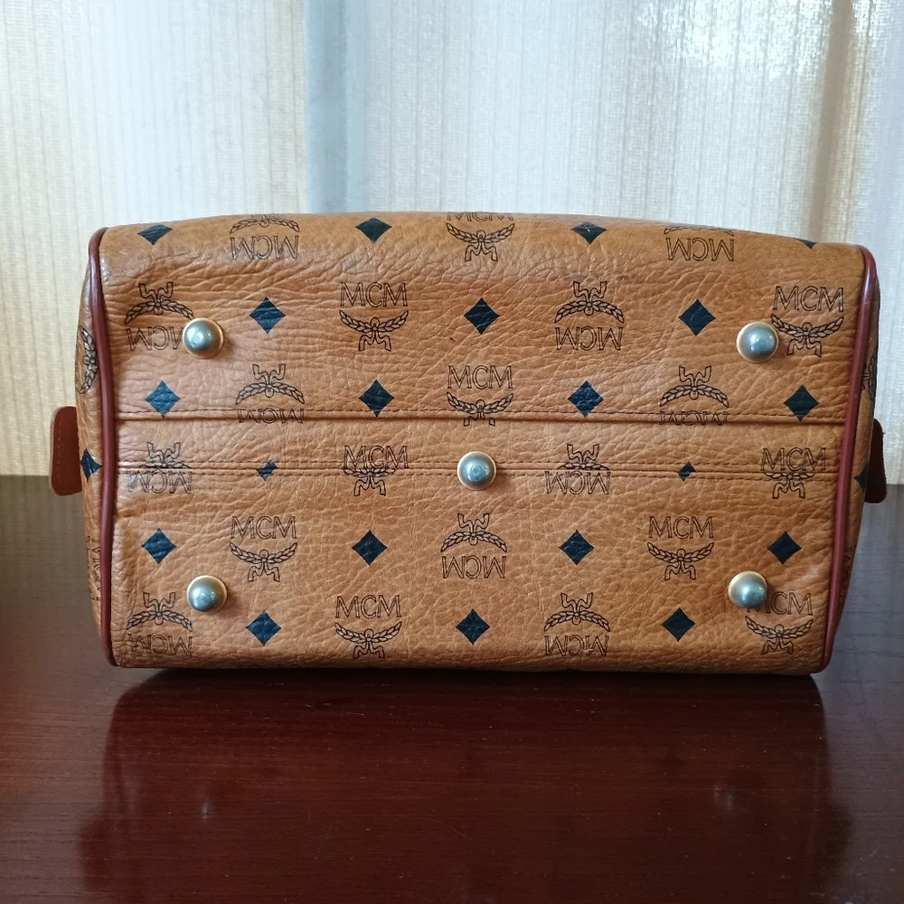 MCM Cognac Brown Monogram Handbag with Black Diamond Motif and Gold Hardware